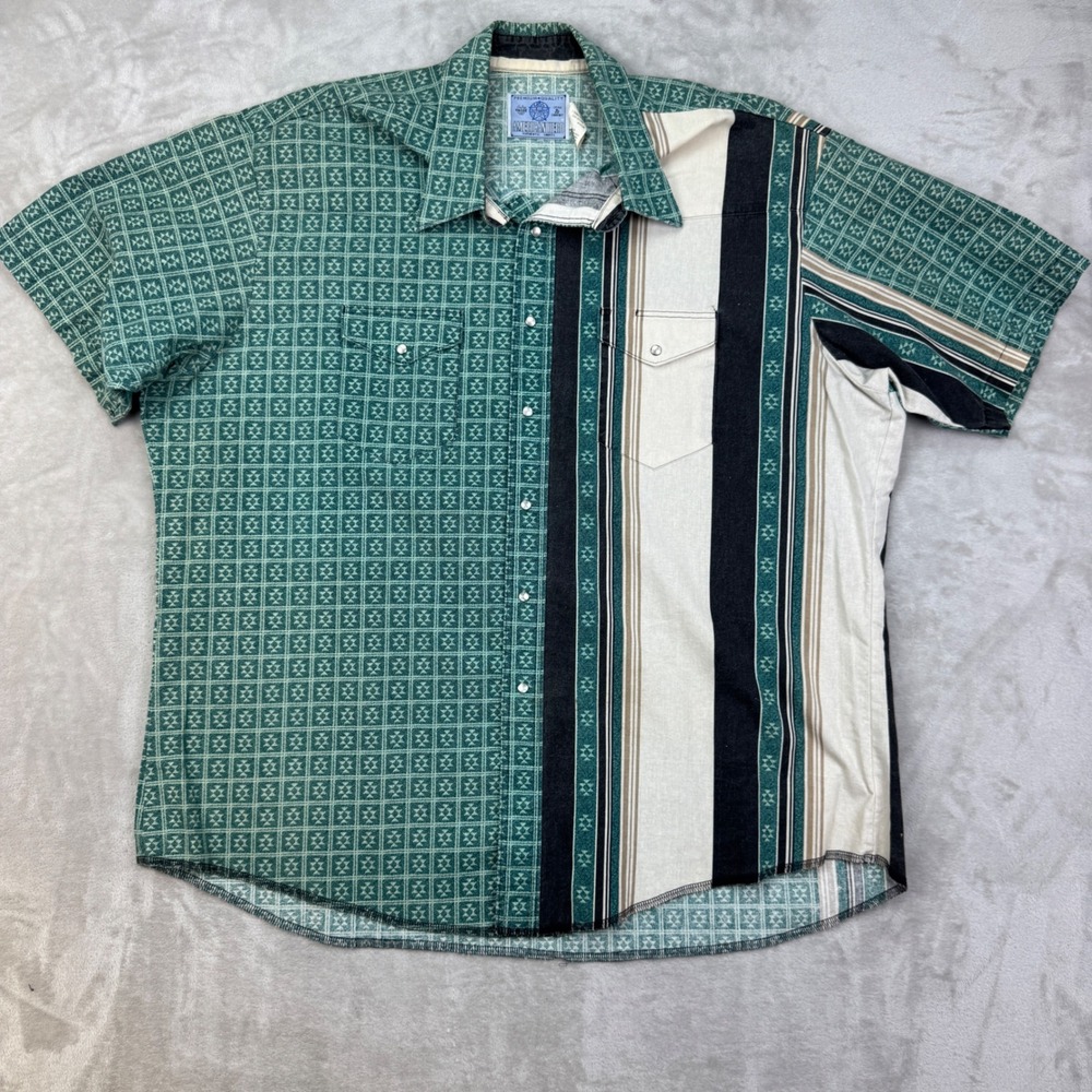 American Hero Shirt Mens XXL Green Relaxed Western Colorblock 90s Vintage Button